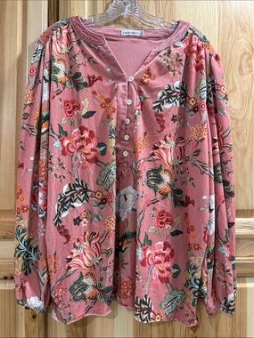 Cherry Betty Size XL Pink Velvet Floral Boho Romantic Artsy Split Neck Blouse